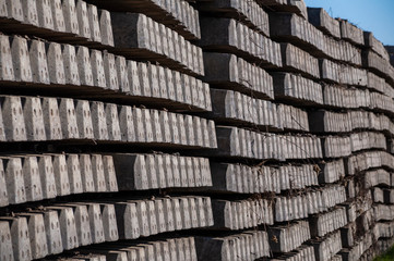 Pile of train tracks underlay. Railway maintenance works