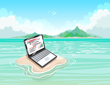 Sandy island with a laptop on a sunny day. Freelance or Blogging concept. Work with pleasure.