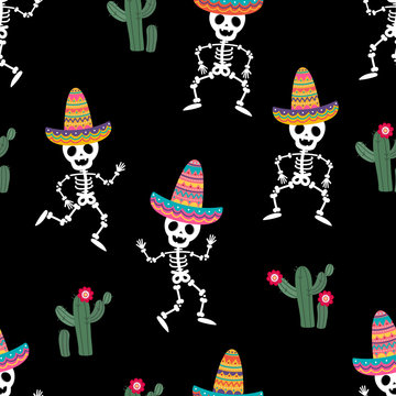 Cute skeleton with colourful hat and cactus in Cinco de mayo party seamless pattern. Holiday cartoon character. -Vector