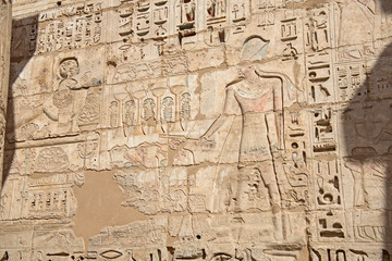 Fototapeta na wymiar Hieroglyphic carvings on an ancient egyptian temple wall