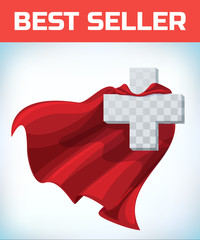 Equilateral cross in hero cape. Doctor super cloak. Pharmacy sign. Health icon. Medicine concept. Health sign. Superhero symbol. Cross care. Healthy idea. Help emblem. Insurance logo. Vector