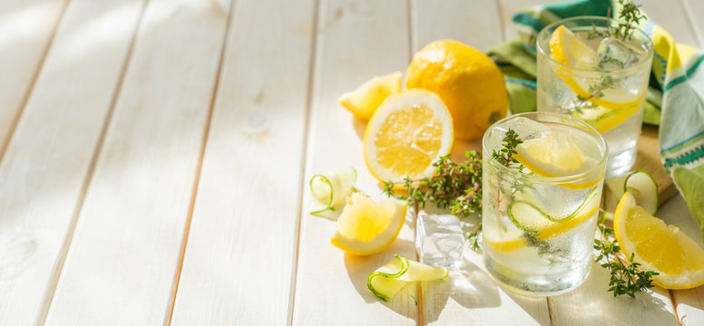 Detox Drinks Infused Water And Ingredients On Wood Background, Copy Space