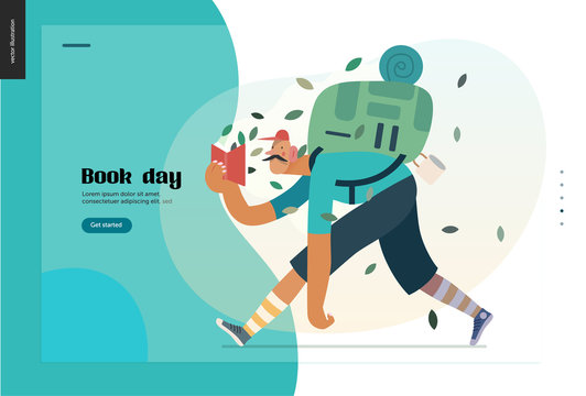 Wood webdesign template -world Book Day graphics -book week events. Modern flat vector concept illustrations of reading people -man with mustache, cap, snickers, backpack in the forest reading a book