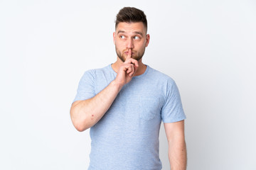 Russian handsome man over isolated background showing a sign of silence gesture putting finger in mouth