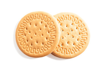 Wheat round cookies on a white background. Biscuits on the table. Morning breakfast cracker snack. Wheat light meal snack in lunch time.