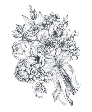Floral composition. Bradal bouquet with beautiful hand drawn flowers, plants, ribbon. Monochrome vector illustration in sketch style