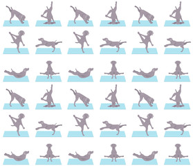 Fototapeta na wymiar Yoga dogs poses and exercises seamless pattern design. Weimaraner clipart