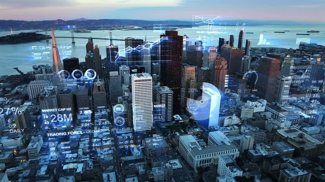 Futuristic San Francisco skyline. Aerial view with holographic financial charts and data. Big data, Artificial intelligence, Internet of things, VR. Stock exchange figures.