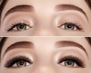 Commercial beauty college of before and after eyelash extensions. Perfect shape of eyebrows,...
