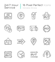 24 7 hour service pixel perfect linear icons set. Burger cafe open all day. 24 hrs available delivery. Customizable thin line contour symbols. Isolated vector outline illustrations. Editable stroke