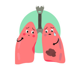 Sick human lungs on a white background. Cartoon. Vector illustration.