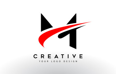 Black And Red Creative M Letter Logo Design with Swoosh Icon Vector.