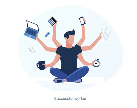 Successful, Experienced And Productive Employee. Multitask Worker