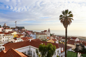 Lisbon, Portugal - Beautiful view from Miradouro de Santa Luzia on the red roofs and houses of old town