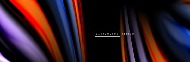 Silk and smooth flow wave poster design. Color waves, liquid style lines and shapes in black color background