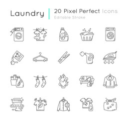 Laundry types and equipment pixel perfect linear icons set. Laundromat, wet and dry cleaning. Customizable thin line contour symbols. Isolated vector outline illustrations. Editable stroke