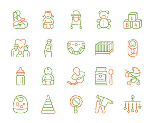 Birth of a child color linear vector icons set. Editable stroke.
