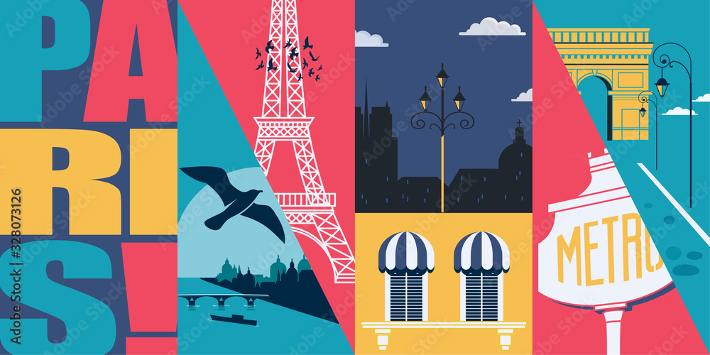 Poster france vector skyline illustration, postcard. travel to french capital paris modern flat graphic des