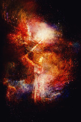 Woman with sword in beautiful cosmic space.