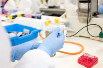 Health care researcher working in life science laboratory. Scientist preparing and analyzing slides and doing research in research lab.