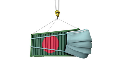 Bangladesh flag cargo shipping container with protective mask. 3D Render