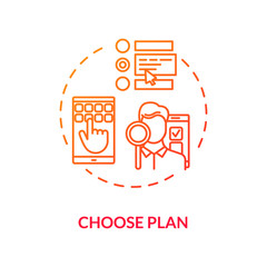 Fototapeta premium Choose plan red concept icon. Select subscription option. Internet tariff management. Look at service list. Roaming idea thin line illustration. Vector isolated outline RGB color drawing