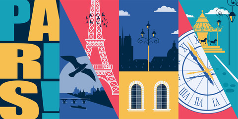 Paris, France vector skyline illustration, postcard. Travel to Paris modern flat graphic design element - obrazy, fototapety, plakaty