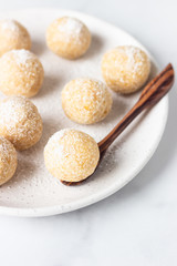 Traditional Indian festival sweets (Laddoo or Laddu) with coconut flakes on a ceramic plate, light background, selective focus. Popular tea time sweet snack in India.