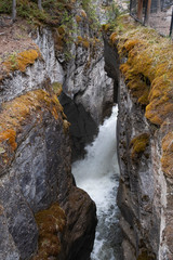 The Maligne river as it flows through the deep gorges of the Maligne Canyon in Jasper National Park...