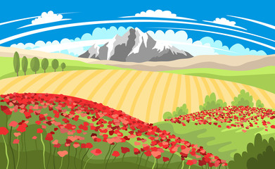 Fototapeta premium Bright Summer beautiful landscape with poppy field, trees and blue sky