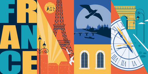 Paris, France vector skyline illustration, postcard. Travel to France modern flat graphic design element - obrazy, fototapety, plakaty