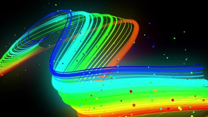 rainbow color neon lines fly in the air, smoothly oscillation and wave. 3d abstract looped creative background like glow ribbon float in liquid with particles. Luma matte as alpha channel 18