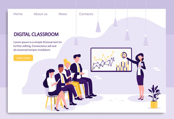 Group of businesspeople in a digital classroom being taught by a woman using a large flat screen with statistical charts, colored vector illustration with text space