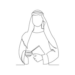 Continuous line drawing of arabic man holding holy quran book. Ramadan kareem and ied mubarak greeting card single line art concept. Vector illustration.