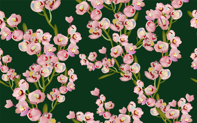 Fototapeta premium Delicate pink flowers on a tree branch, petals and inflorescences on a white background seamless pattern.