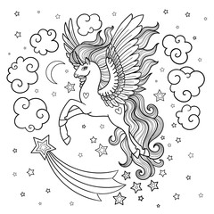 Cute fairy unicorn with a long mane. Black and white. Vector