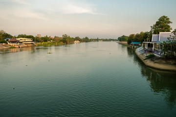 Fototapeta na wymiar Evening view of the Mae Klong River Is a river that is used to travel in the past to the present. beautiful nature background.