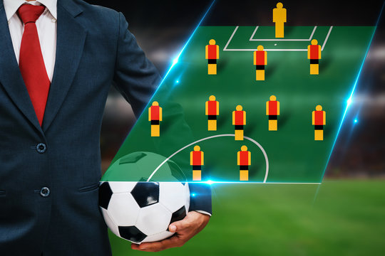 Premium Vector  Football players lineups, formation 4-2-3-1. soccer half  stadium.