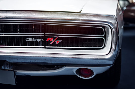 Dodge Charger R/T detail on a classic american car exhibition in Turin (Italy) on march 25, 2018