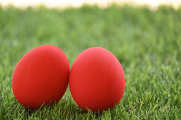 red easter egg on lawn green grass artificial, image of morning springtime concept