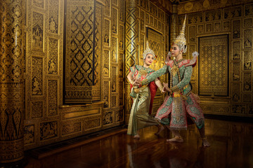 Art culture Thailand Dancing in masked khon Benjakaj and Hanuman  in literature amayana,thailand culture Khon,Thailand .