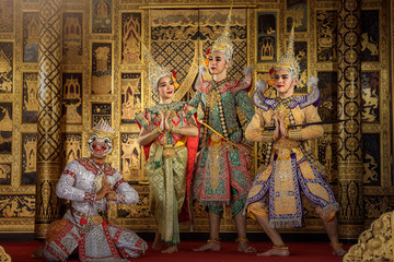 Art culture Thailand Dancing in masked khon Benjakaj and Hanuman  in literature amayana,thailand culture Khon,Thailand .