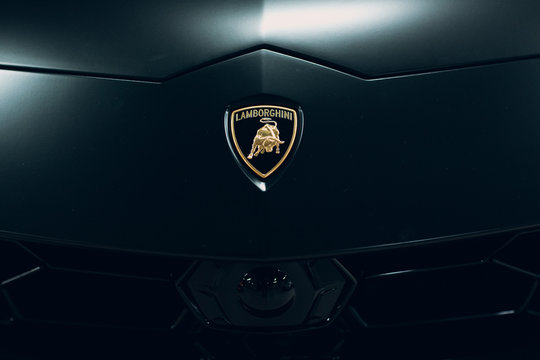 Moscow Russia - February 10, 2019: Lamborghini Urus black sport car nameplate