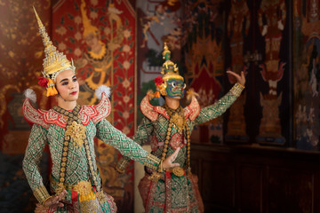 Fototapeta premium Art culture Thailand Dancing in masked khon in literature ramayana,thailand culture Khon,Vintage stlye,Thailand .