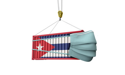 Cuba flag cargo shipping container with protective mask. 3D Render