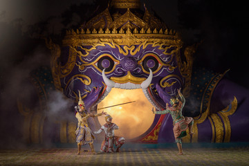 Art culture Thailand Dancing in masked khon in literature ramayana,thailand culture Khon,Vintage stlye,Thailand .