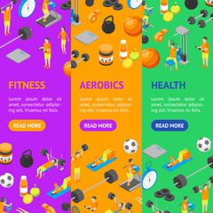 Fitness Club Concept Banner Vecrtical Set 3d Isometric View. Vector