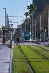 BARCELONA, SPAIN - 20.02.2020: Street view with modern tram in Barcelona.Trams are an important means of public transportation in Barcelona. They are operated by TMB and Trammet.