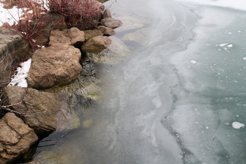 water frozen near rocks