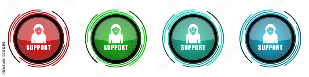 Poster Support round glossy vector icons, set of buttons for webdesign, internet and mobile phone applications in four colors options isolated on white background